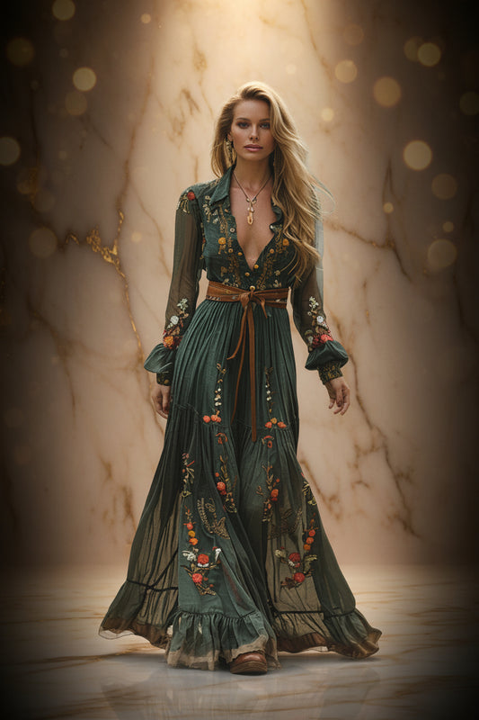IM23 Printed Maxi Dress | Hemdkragen, Langarm, Suede Velvet – Green, S–XXXL