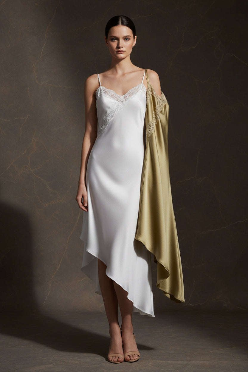IM23 Asymmetric Dress | Midi-Kleid mit Seiden- & Spitzen-Patchwork – Khaki & White, XS–L
