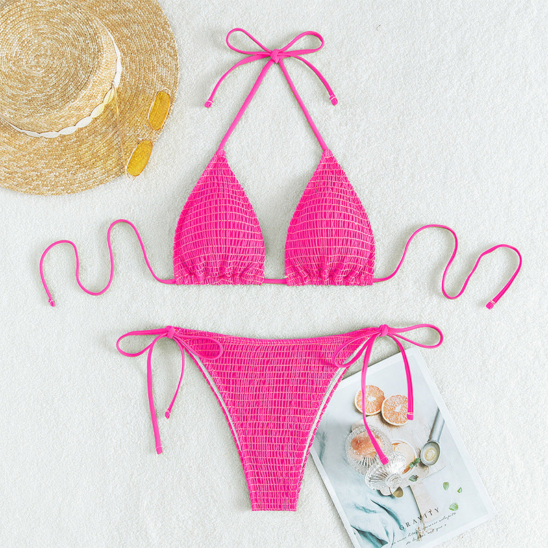 Damen bedruckter Triangle-Bikini von eprolo mit Schnürung am Hals, Rosenrot und Grüntönen, Bademode, Blick auf das Oberteil