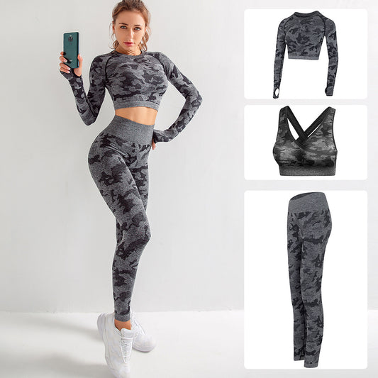 Damen 3-teiliges Camouflage Sport-Set | BH, Leggings & Langarm-Top - Sportswear Iron Monkey 23