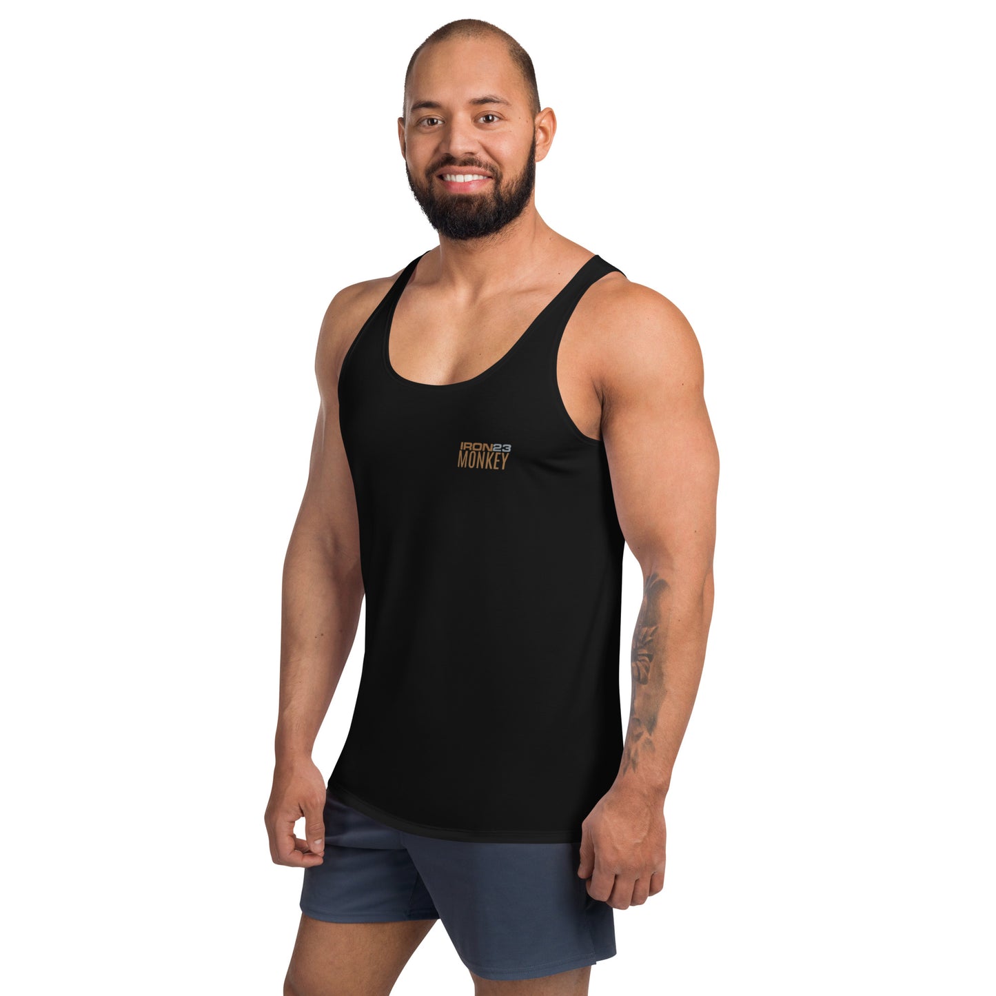 Unisex Tank-Top von Sportswear Iron Monkey 23 mit All-Over-Print, 2-Wege-Stretch, Jersey-Strick, vorne links sichtbar.