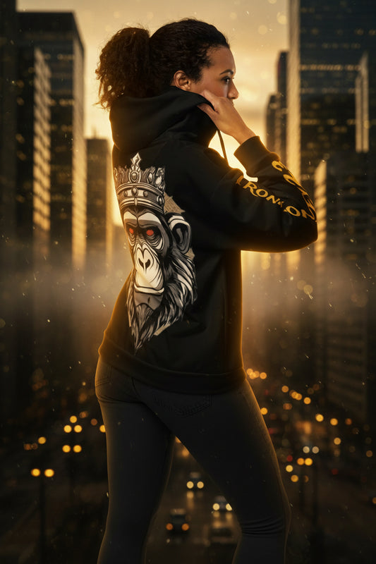 Unisex Monkey King Zip-Hoodie von Sportswear Iron Monkey 23 mit All-Over-Print, recyceltem GRS OEKO-TEX Fleece, weißer Rücken