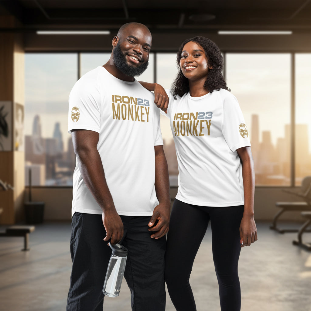 Unisex Sport-Shirt Performance Raglan Jersey aus atmungsaktivem Polyester, weiß, vorne sichtbar, von Sportswear Iron Monkey 23.