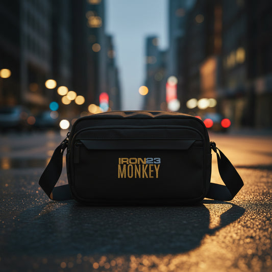 Schwarze Urban Crossbody Bag aus recyceltem Polyester von Sportswear Iron Monkey 23, Frontansicht, kompakte Umhängetasche.