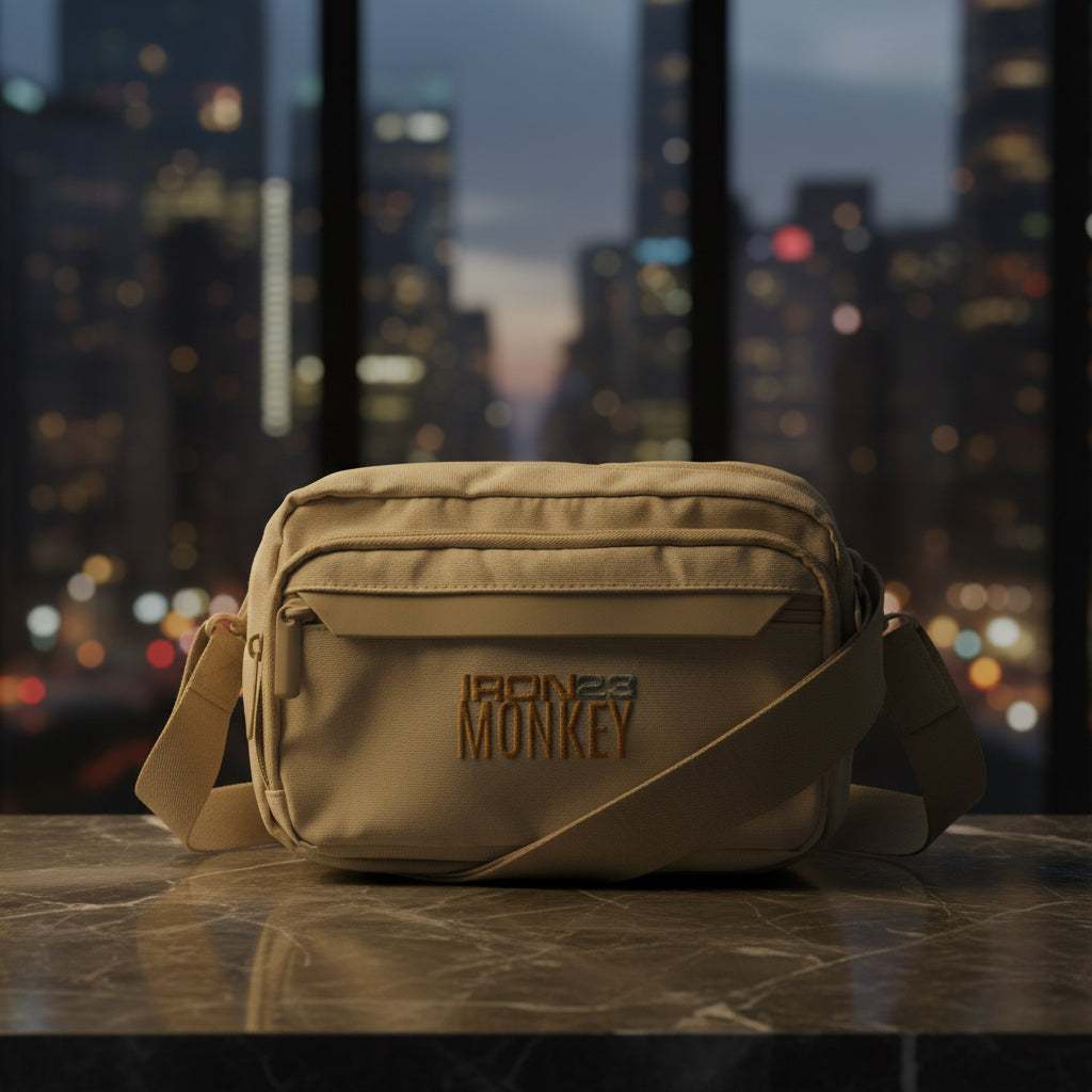 Recycelte Polyester-Umhängetasche von Sportswear Iron Monkey 23, kompakte Urban Crossbody Bag in natürlichem Steinfarben.