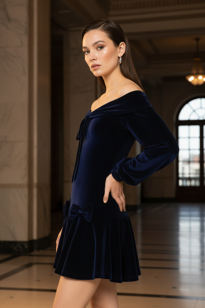 IM23 Velvet Dress | Off-Shoulder, Laternenärmel, Schleife – Dark Blue, S–XL