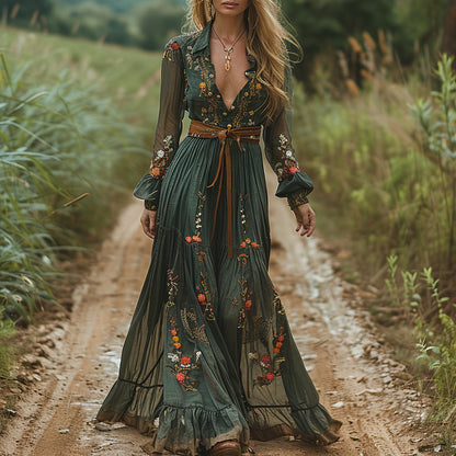 IM23 Printed Maxi Dress | Hemdkragen, Langarm, Suede Velvet – Green, S–XXXL