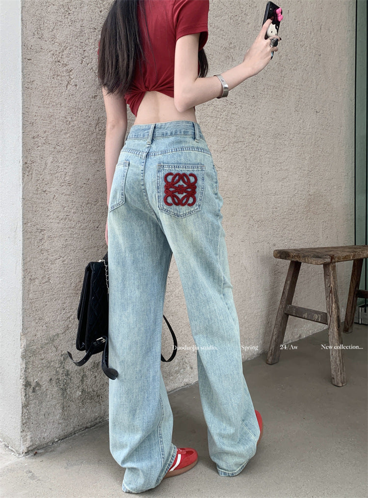 Premium Bestickte Jeans Damen – High-Waist Straight Leg Wide Leg Bodenlange Hose - Sportswear Iron Monkey 23