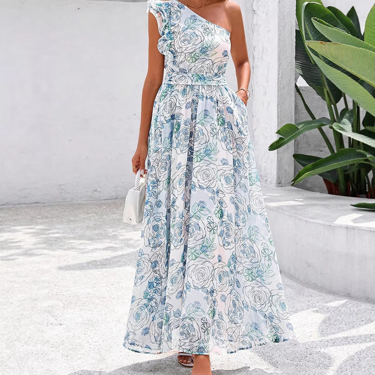 IM23 One-Shoulder Maxi Dress | Blumenmuster, A-Linie, High Waist – S–XL