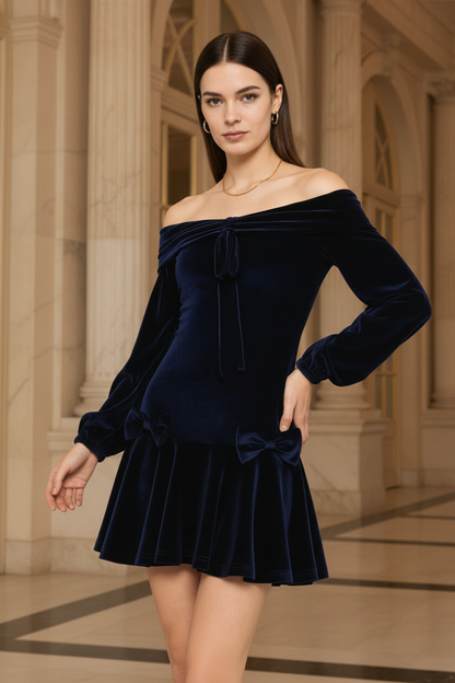 IM23 Velvet Dress | Off-Shoulder, Laternenärmel, Schleife – Dark Blue, S–XL