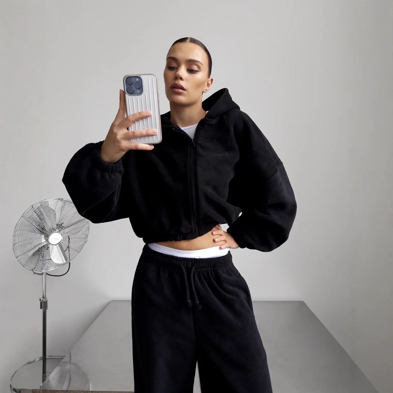 Premium Hooded Cardigan Set Damen 2-teilig – Solid Color Langarm Strickjacke & Elastische Hose - Sportswear Iron Monkey 23