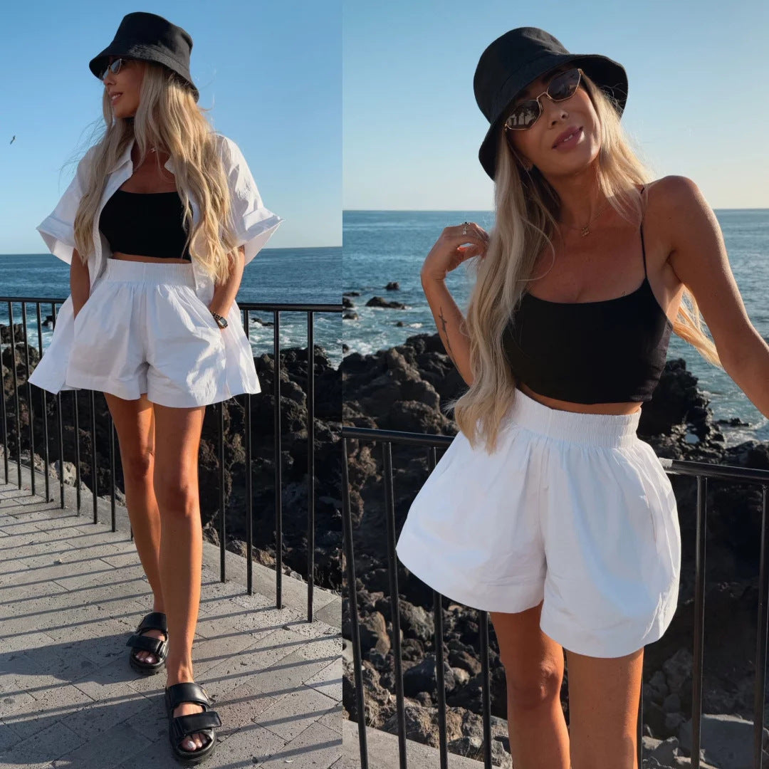 Premium Casual Set Damen 2-teilig – Solid Color Kurzarm Shirt & Elastische Sport-Shorts - Sportswear Iron Monkey 23