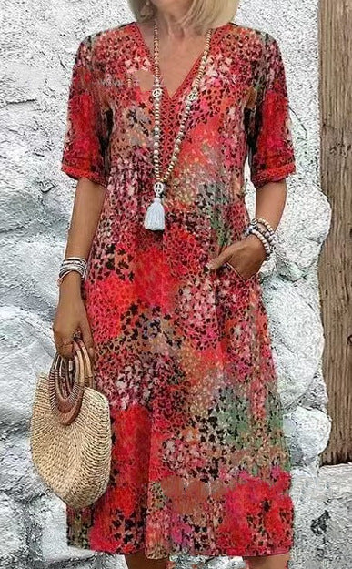 IM23 Lace Trim Maxi Dress | V-Neck, Kurzarm, Taschen & Spitzenbesatz – 5 Farben, S–XXXL