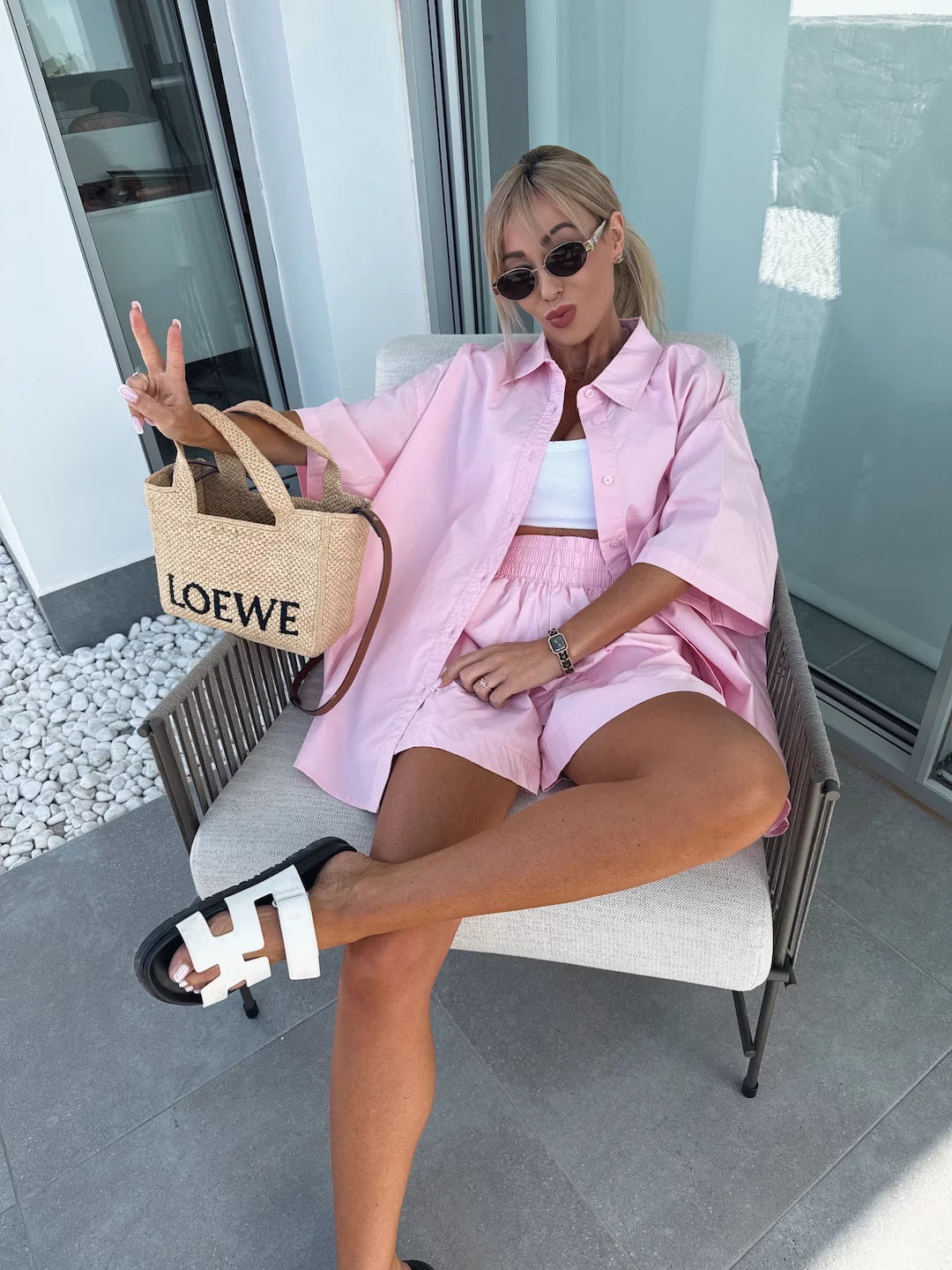 Premium Casual Set Damen 2-teilig – Solid Color Kurzarm Shirt & Elastische Sport-Shorts - Sportswear Iron Monkey 23