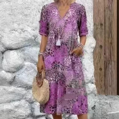 IM23 Lace Trim Maxi Dress | V-Neck, Kurzarm, Taschen & Spitzenbesatz – 5 Farben, S–XXXL