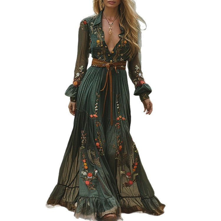 IM23 Printed Maxi Dress | Hemdkragen, Langarm, Suede Velvet – Green, S–XXXL