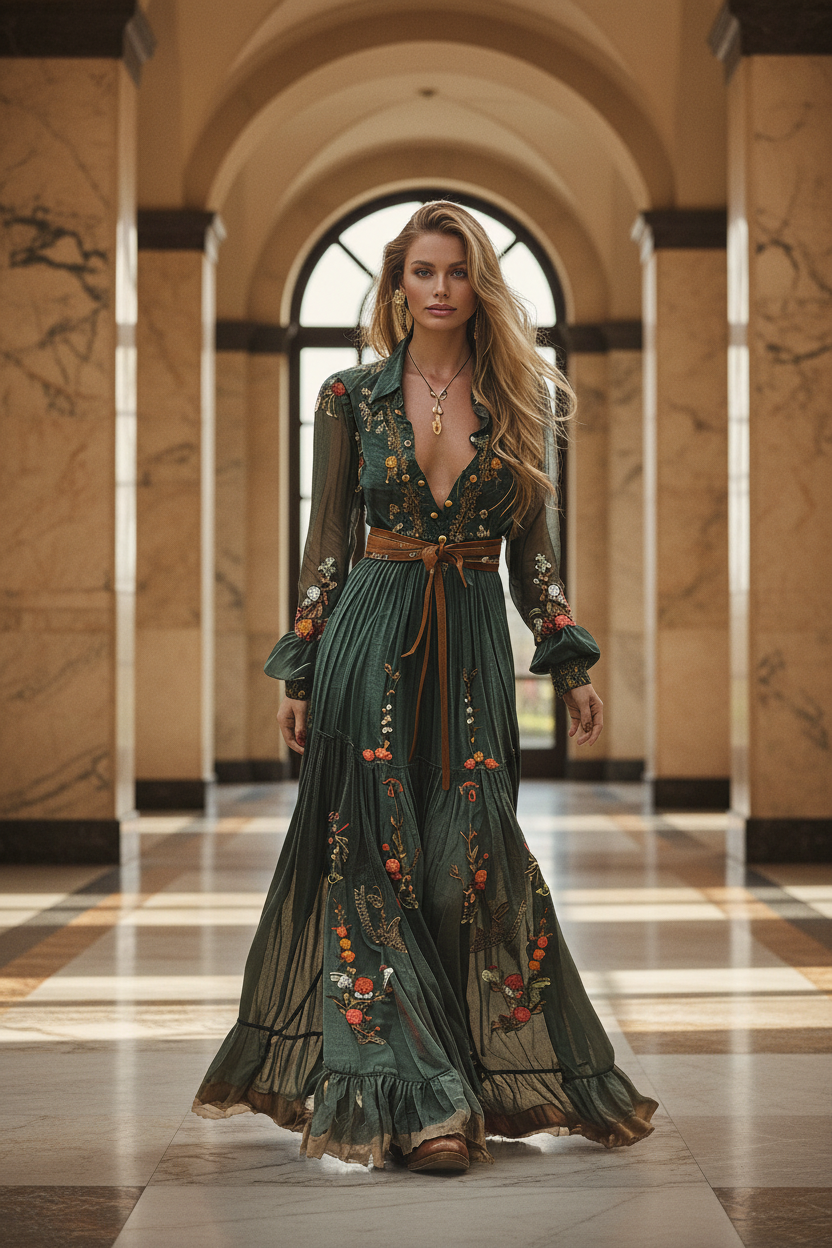 IM23 Printed Maxi Dress | Hemdkragen, Langarm, Suede Velvet – Green, S–XXXL
