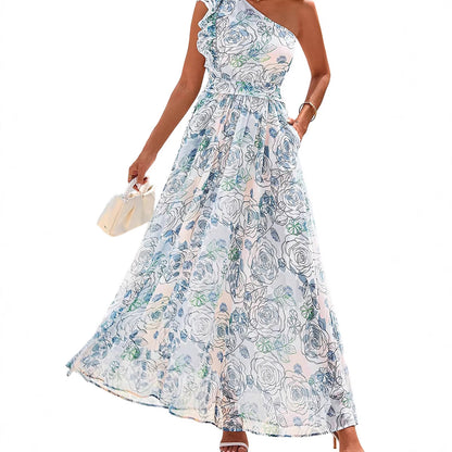 IM23 One-Shoulder Maxi Dress | Blumenmuster, A-Linie, High Waist – S–XL