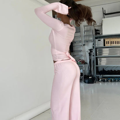 Premium V-Neck Sport-Set Damen 2-teilig – Langarm Top & Straight Leg Pants mit Kordelzug - Sportswear Iron Monkey 23