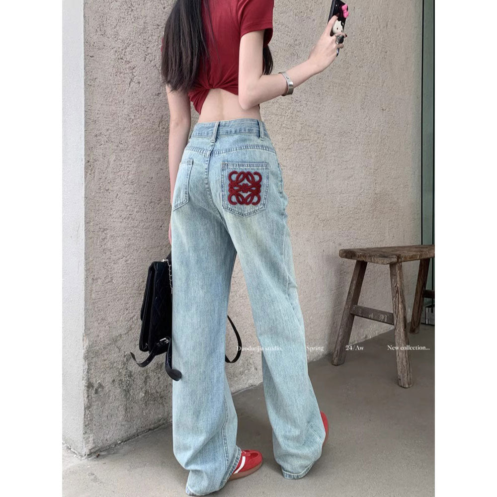 Premium Bestickte Jeans Damen – High-Waist Straight Leg Wide Leg Bodenlange Hose - Sportswear Iron Monkey 23