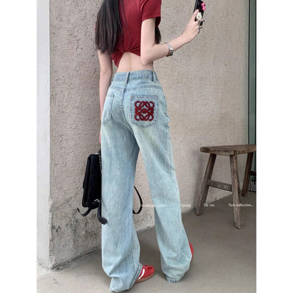 Premium Bestickte Jeans Damen – High-Waist Straight Leg Wide Leg Bodenlange Hose - Sportswear Iron Monkey 23