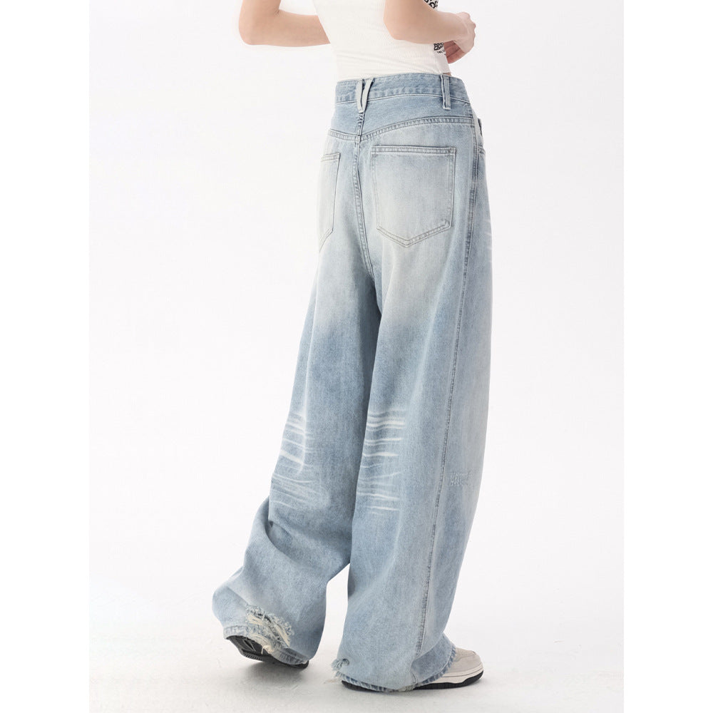 Premium Washed Denim Hose Damen – High-Waist Wide Leg Jeans mit Bleached-Effekt - Sportswear Iron Monkey 23