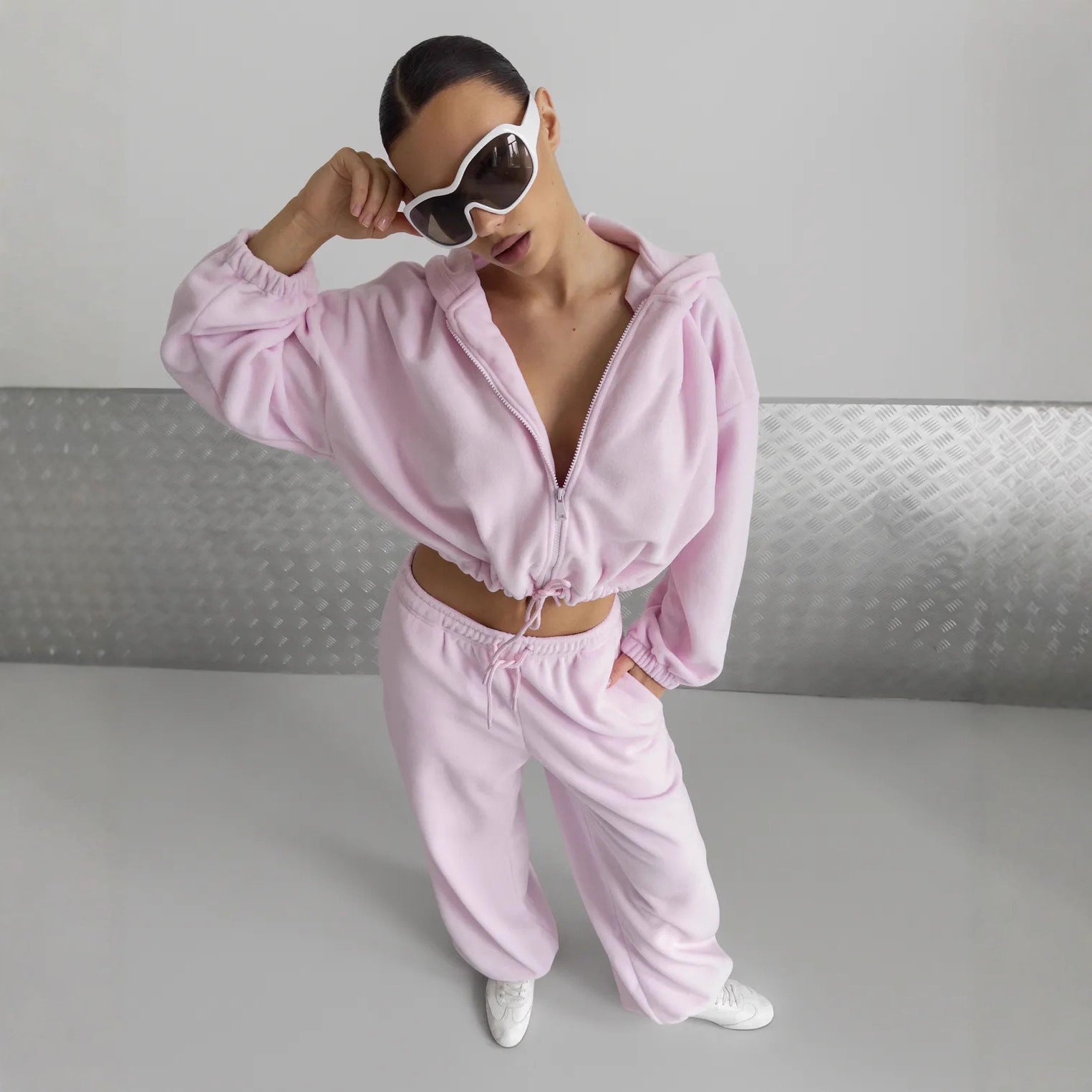 Premium Hooded Cardigan Set Damen 2-teilig – Solid Color Langarm Strickjacke & Elastische Hose - Sportswear Iron Monkey 23