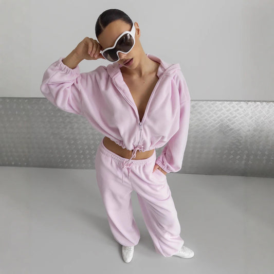 Premium Hooded Cardigan Set Damen 2-teilig – Solid Color Langarm Strickjacke & Elastische Hose - Sportswear Iron Monkey 23