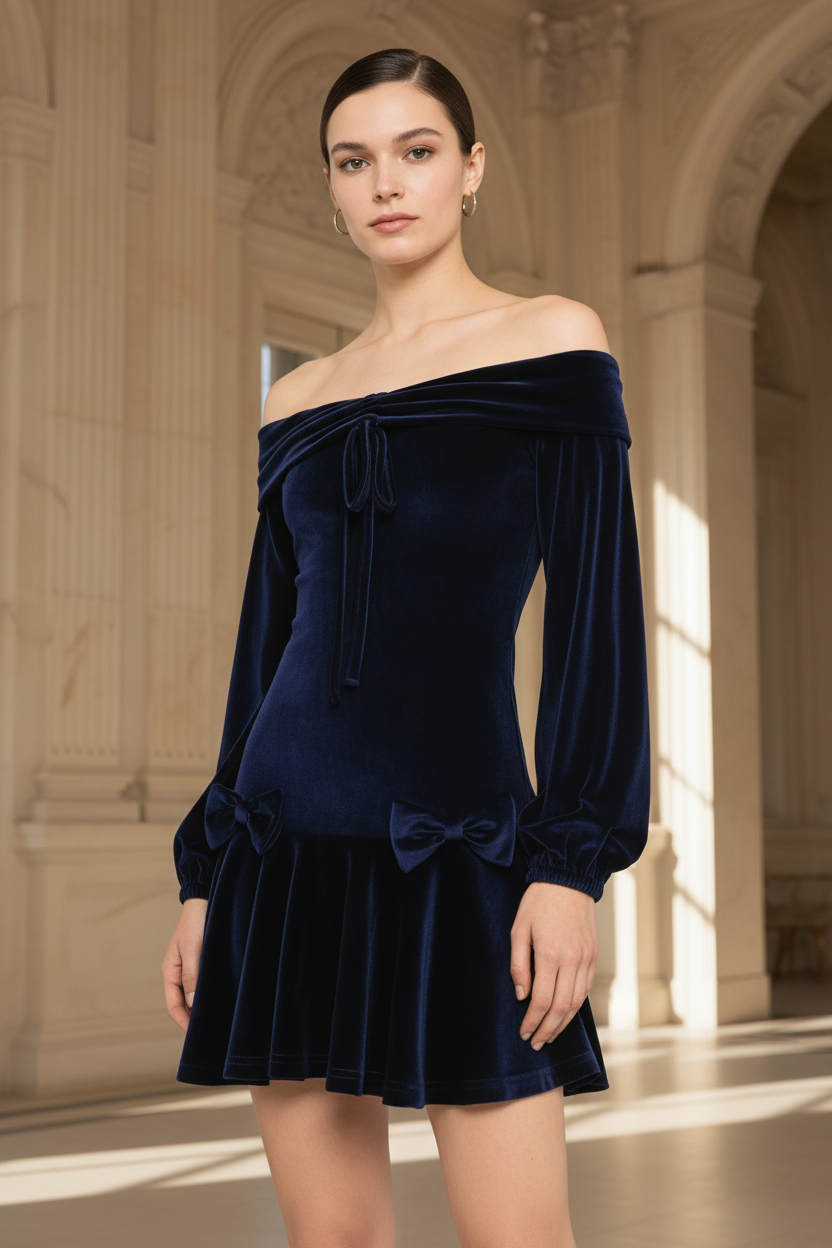 IM23 Velvet Dress | Off-Shoulder, Laternenärmel, Schleife – Dark Blue, S–XL