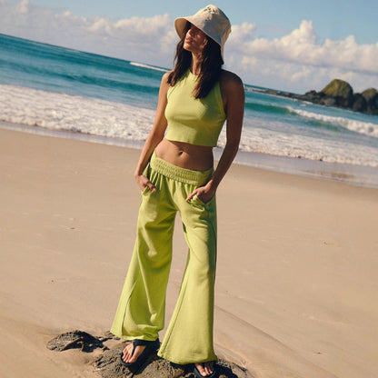 Premium Shaping Set Damen 2-teilig – Solid Color Kurzarm Ribbed Wide-Leg Pants High-Elastic - Sportswear Iron Monkey 23