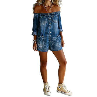 IM23 Denim Jumpsuit | Off-Shoulder, Langarm, Washed Finish – 4 Farben, S–3XL