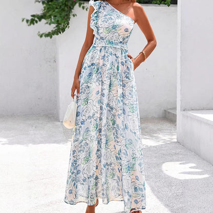 IM23 One-Shoulder Maxi Dress | Blumenmuster, A-Linie, High Waist – S–XL