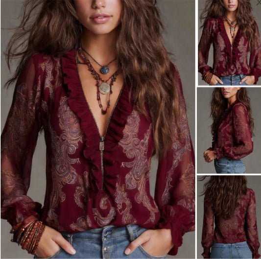 IM23 Deep V-Neck Bluse | Langarm, Loose Fit, Splicing-Detail – 5 Farben, XS–XXXL