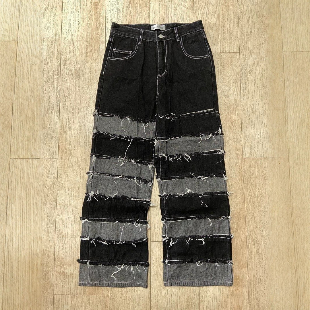 IM23 Patchwork Denim Pants | Deconstructed, Raw Hem, Straight Fit – Black, S–3XL