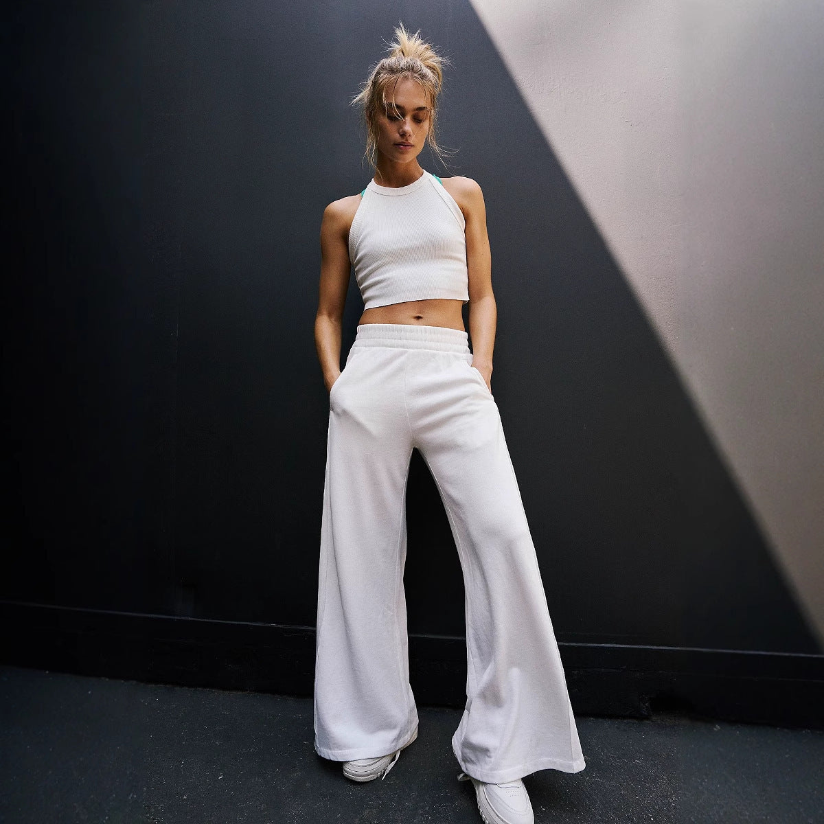 Premium Shaping Set Damen 2-teilig – Solid Color Kurzarm Ribbed Wide-Leg Pants High-Elastic - Sportswear Iron Monkey 23