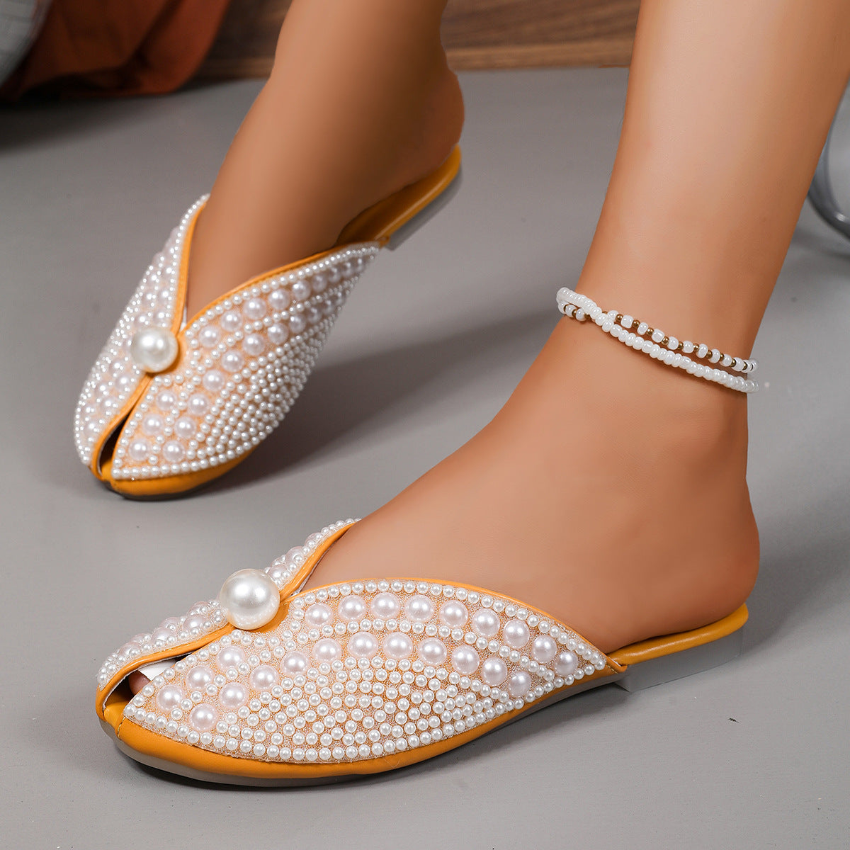 IM23 Pearl Slipper | Halbschuh mit Perlendetail, Flachabsatz – Khaki & Yellow, EU 36–43