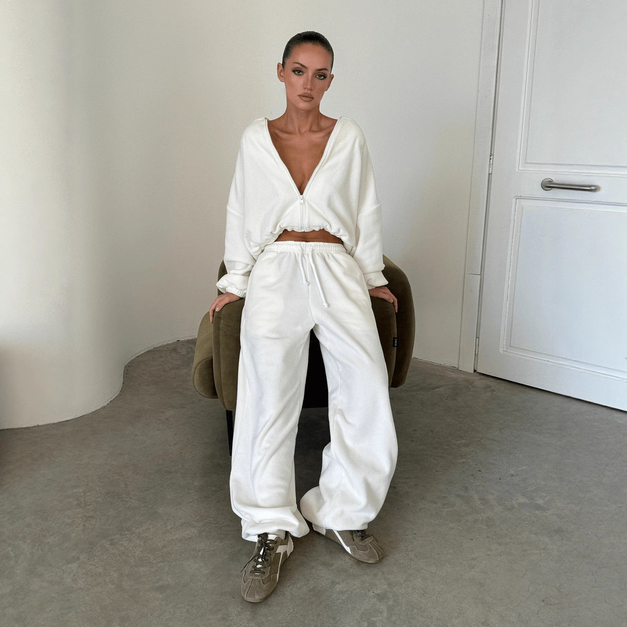 Premium Hooded Cardigan Set Damen 2-teilig – Solid Color Langarm Strickjacke & Elastische Hose - Sportswear Iron Monkey 23