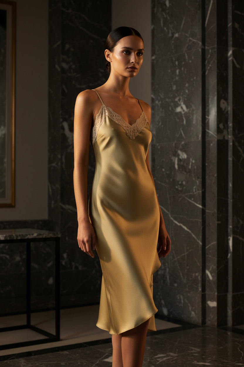 IM23 Asymmetric Dress | Midi-Kleid mit Seiden- & Spitzen-Patchwork – Khaki & White, XS–L