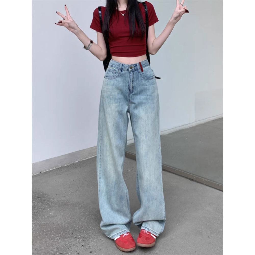 Premium Bestickte Jeans Damen – High-Waist Straight Leg Wide Leg Bodenlange Hose - Sportswear Iron Monkey 23