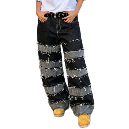 IM23 Patchwork Denim Pants | Deconstructed, Raw Hem, Straight Fit – Black, S–3XL
