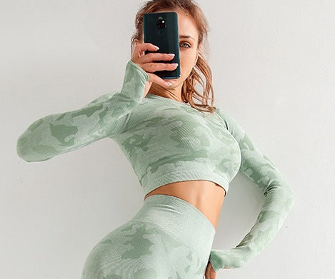 Damen 3-teiliges Camouflage Sport-Set | BH, Leggings & Langarm-Top - Sportswear Iron Monkey 23