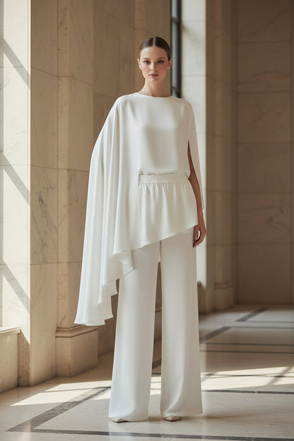 IM23 Asymmetric Set | Langarm-Top & Wide-Leg-Hose – Elegant, Knitterarm, S–L
