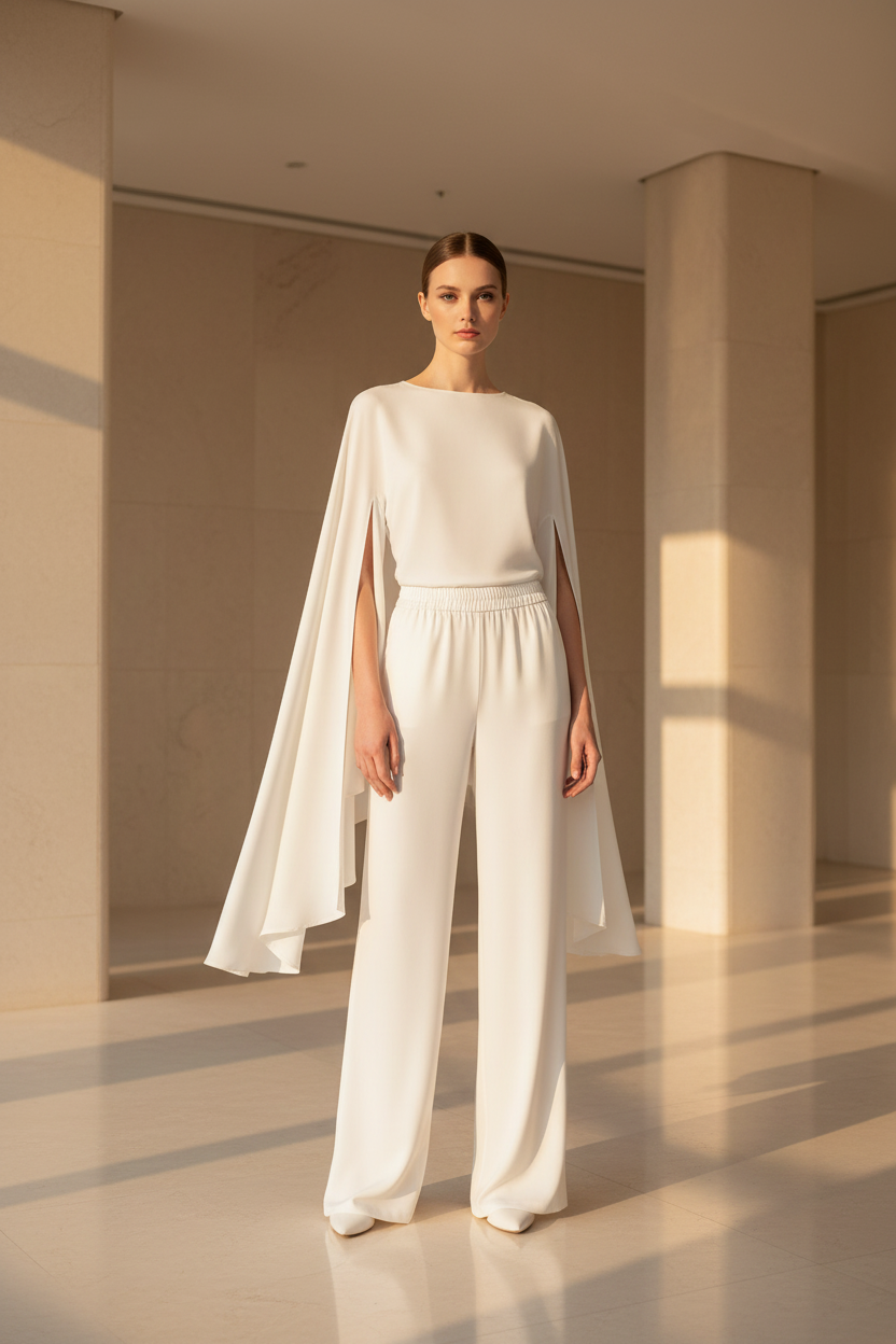 IM23 Asymmetric Set | Langarm-Top & Wide-Leg-Hose – Elegant, Knitterarm, S–L
