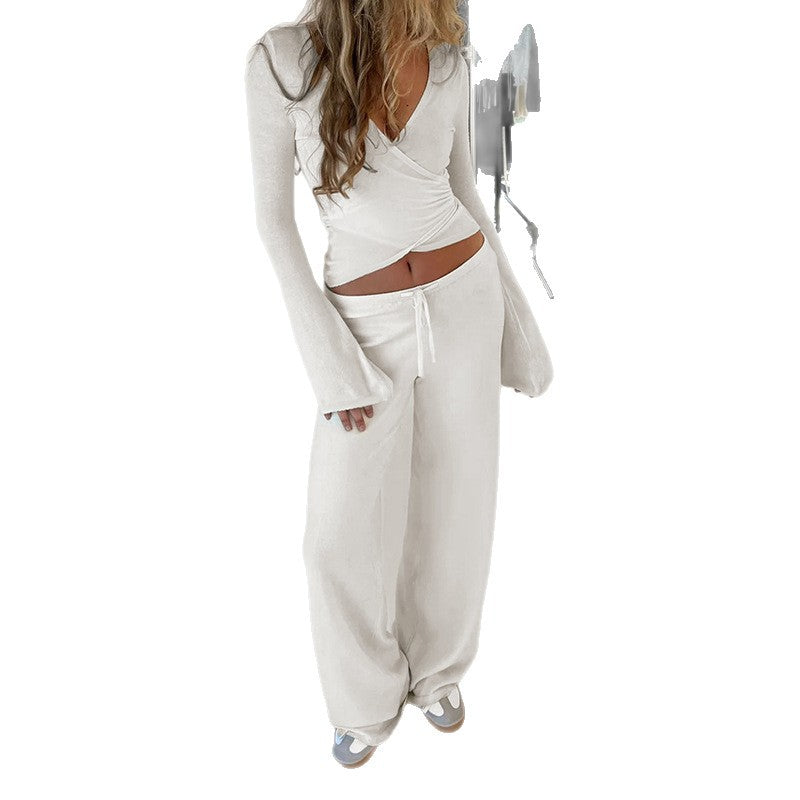 Premium V-Neck Sport-Set Damen 2-teilig – Langarm Top & Straight Leg Pants mit Kordelzug - Sportswear Iron Monkey 23