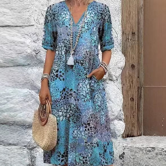 IM23 Lace Trim Maxi Dress | V-Neck, Kurzarm, Taschen & Spitzenbesatz – 5 Farben, S–XXXL