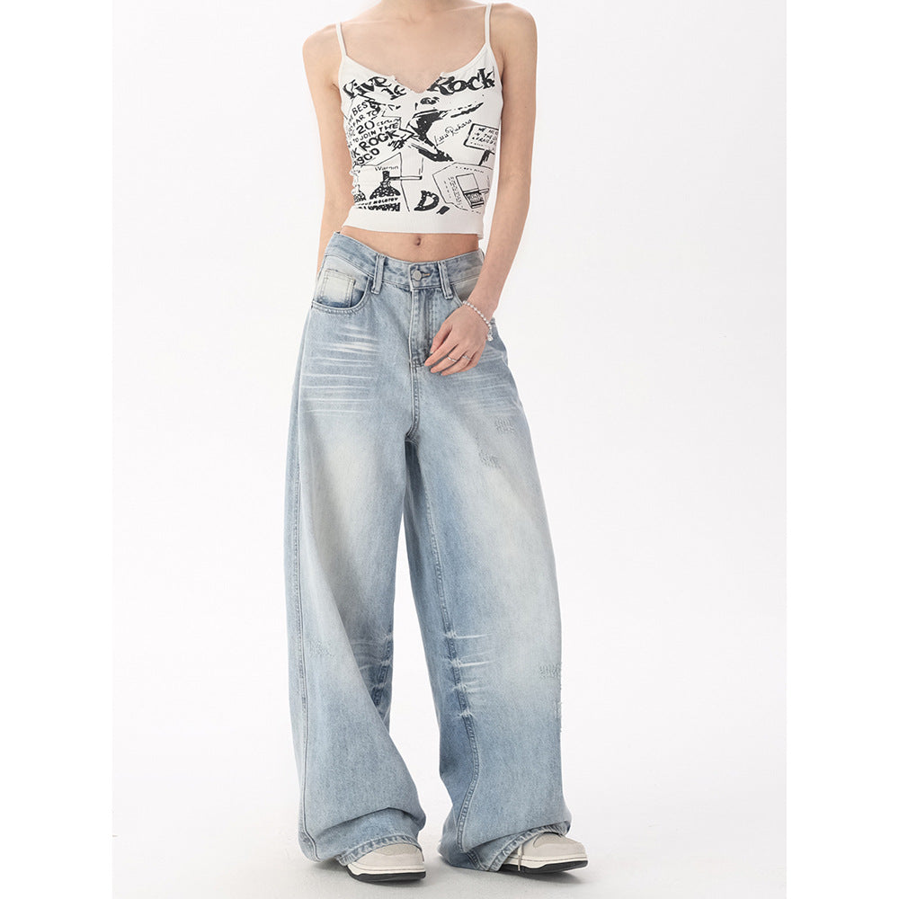 Premium Washed Denim Hose Damen – High-Waist Wide Leg Jeans mit Bleached-Effekt - Sportswear Iron Monkey 23