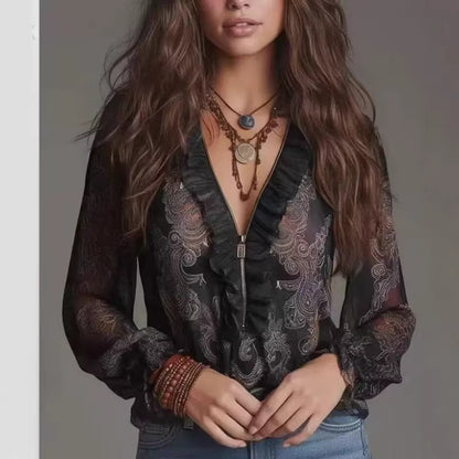 IM23 Deep V-Neck Bluse | Langarm, Loose Fit, Splicing-Detail – 5 Farben, XS–XXXL