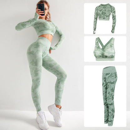 Damen 3-teiliges Camouflage Sport-Set | BH, Leggings & Langarm-Top - Sportswear Iron Monkey 23