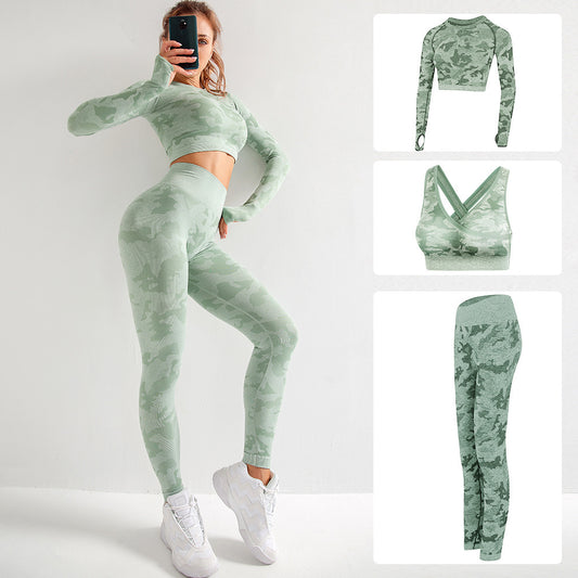 Damen 3-teiliges Camouflage Sport-Set | BH, Leggings & Langarm-Top - Sportswear Iron Monkey 23
