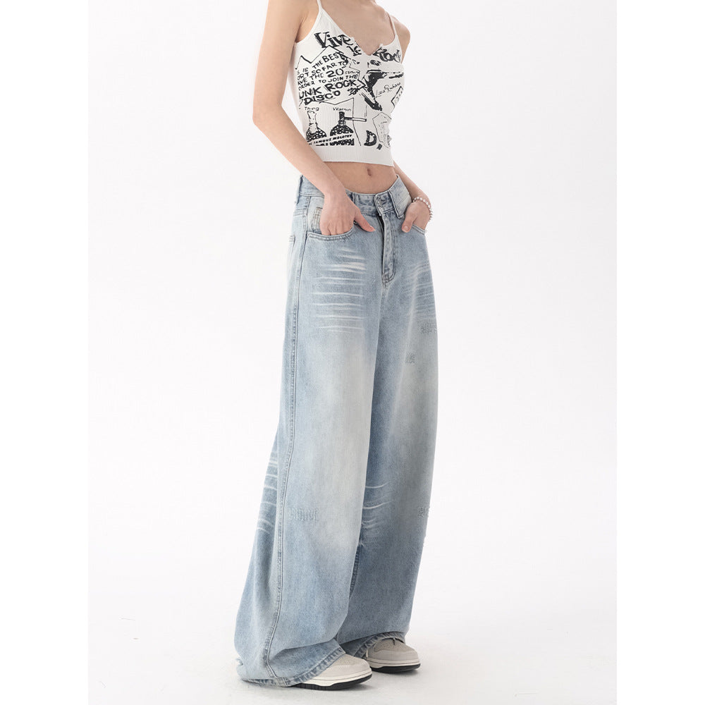 Premium Washed Denim Hose Damen – High-Waist Wide Leg Jeans mit Bleached-Effekt - Sportswear Iron Monkey 23